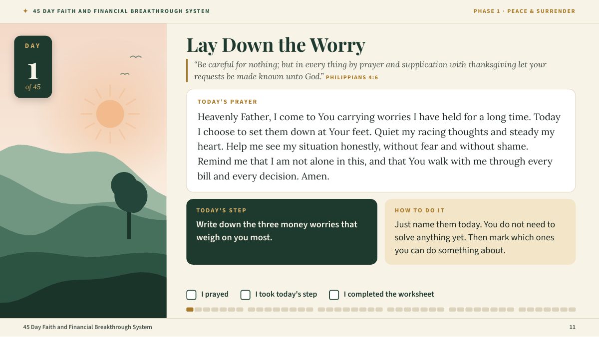 A Day page from the workbook showing the Scripture, today's prayer, today's step and how to do it