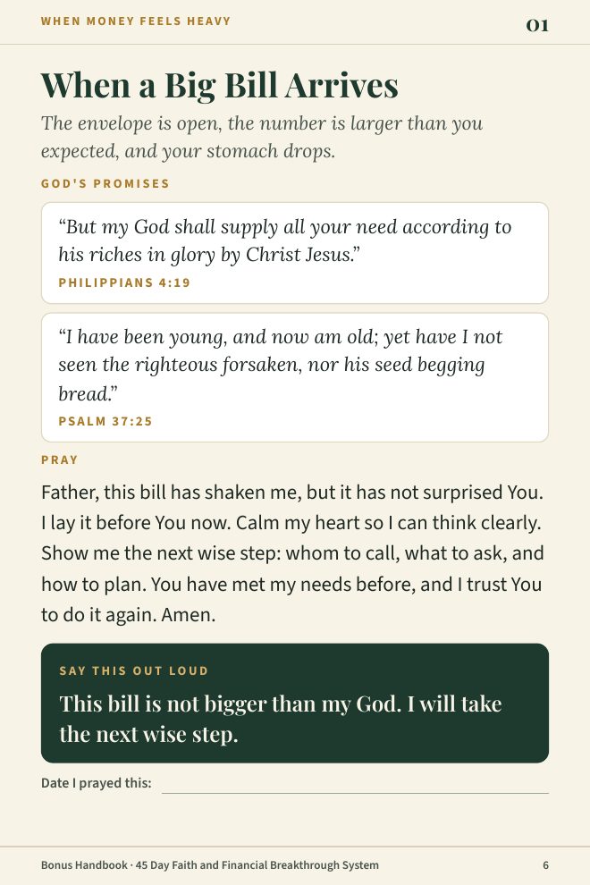 A page from the bonus handbook: When a Big Bill Arrives, with two Bible promises, a prayer and a declaration
