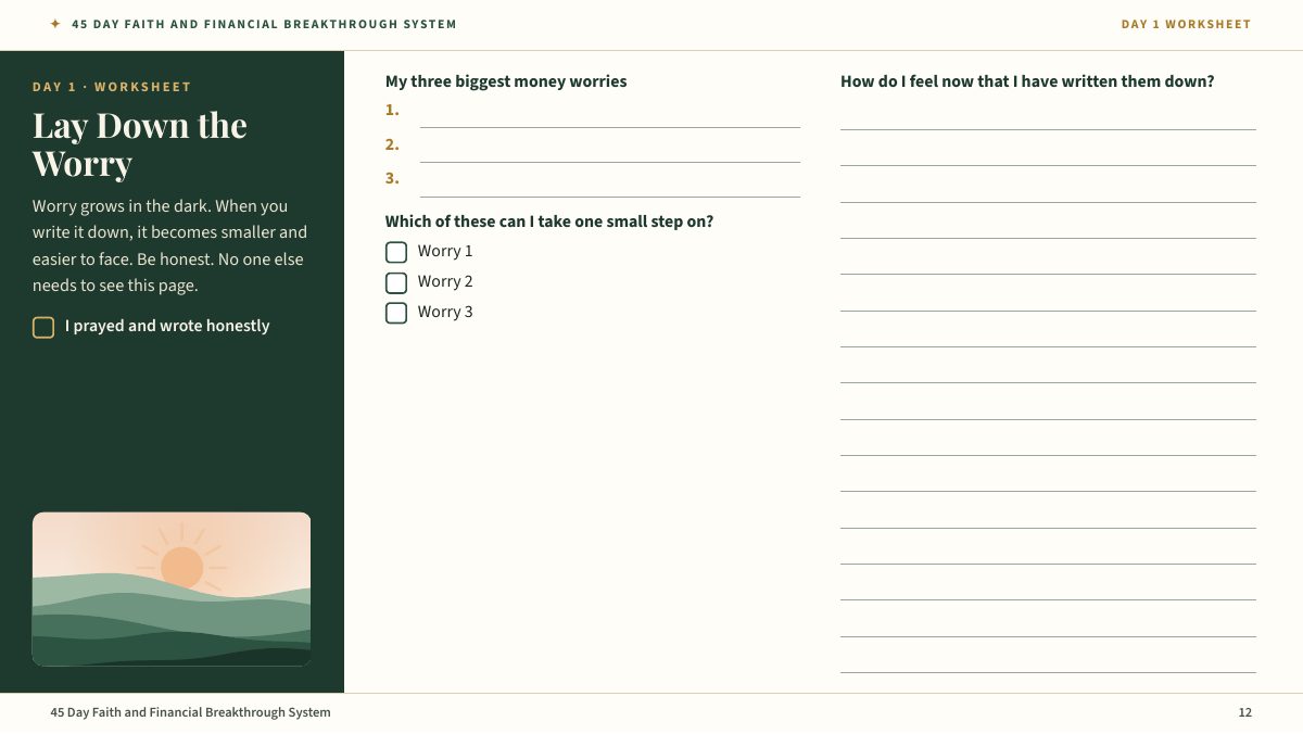 The Day 1 worksheet with space to write three money worries
